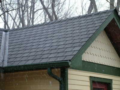 These asphalt roof shingles are made to look like slate.  PHOTO CREDIT: Tim Carter