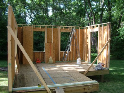 This L-shaped storage shed was constructed using plans created with 