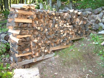 A firewood rack may not be necessary if you creatively stack your split firewood.  How NOT to stack firewood is shown in the upper right corner. Previous homeowner just scattered cut links on the ground. PHOTO CREDIT:  Tim Carter