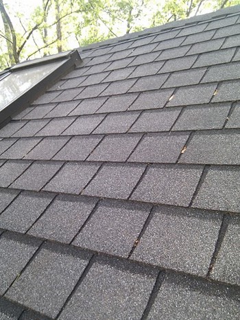 These are asphalt shingles made to look like slate. With a steep roof slope, they can easily last decades. PHOTO CREDIT: Tim Carter