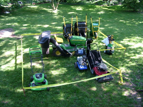 This is the first step in building a shed that will work. You take much of the stuff you are going to store and place it on your lawn. Then draw an outline around the equipment to get some rough dimensions. PHOTO BY: Tim Carter